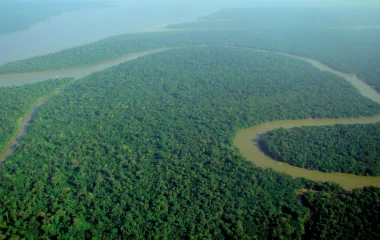 A winding brown river surrounded by dense green Amazon rainforest, seen from above.