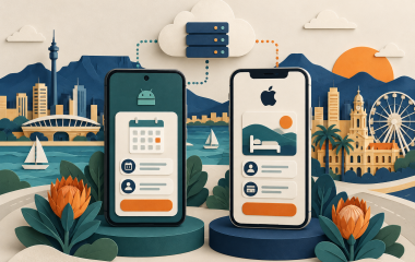 AI-generated illustration of two smartphones connected to a business backend cloud