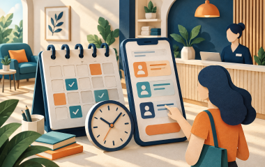 AI-generated illustration of a calendar, clock and appointment-booking smartphone