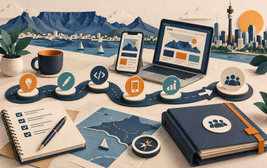 AI-generated illustration of a development roadmap, prototype devices and handover checklist