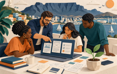 AI-generated illustration of founders planning a digital product with Table Mountain in the background