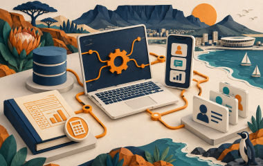 AI-generated illustration of connected database, accounting, CRM, laptop and mobile components