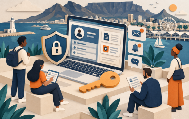 AI-generated illustration of a secure customer portal, account documents and a stylised key