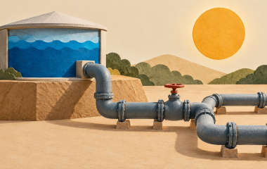 Conceptual illustration of water pipes and a reservoir beneath a warm sun