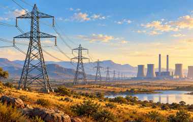 Conceptual illustration of electricity pylons and a generic power station.