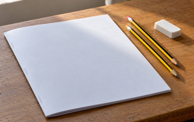Illustration of a blank exam booklet, pencils and an eraser on a desk