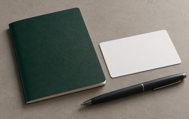 Illustration of a closed dark green booklet beside a blank white card and black pen on a grey desktop.