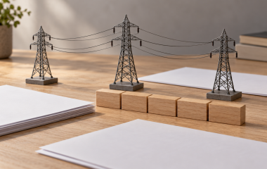 Conceptual tabletop illustration of miniature electricity-transmission pylons beside blank planning sheets and unmarked wooden blocks.