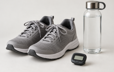 Illustrative still life of unbranded walking shoes, a water bottle and a blank-screen pedometer on a neutral surface.