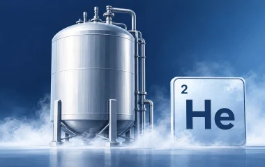 Conceptual illustration of a generic cryogenic vessel and helium symbol, not the Virginia Gas Project