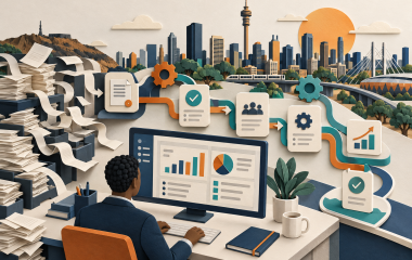 AI-generated illustration of connected workflow cards, gears and an operational dashboard in Johannesburg