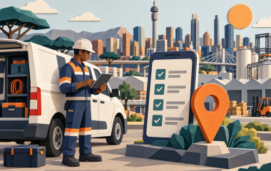 AI-generated illustration of a field technician using a tablet beside a service vehicle
