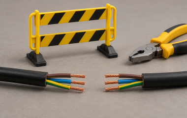 Conceptual tabletop illustration of disconnected electrical cable ends, pliers and a miniature yellow safety barrier.