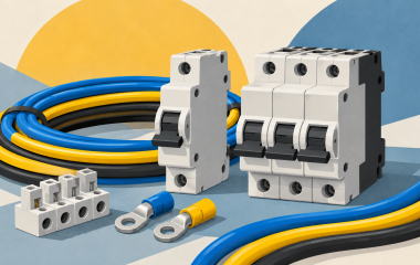 Generic illustration of intact circuit breakers and insulated electrical cables