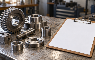AI-generated illustration of a metal gear, precision-machined metal components and a blank clipboard on a workshop bench.