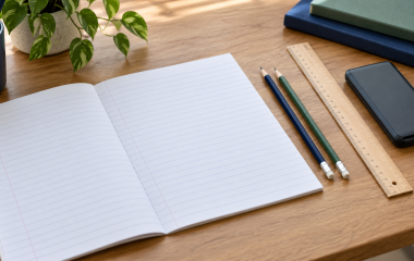 Illustrative still life of a blank exercise book, pencils, ruler and closed calculator
