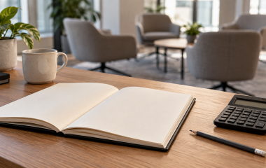 AI-generated illustration of a blank notebook, pencil and calculator on a desk, with empty chairs in a generic office background.
