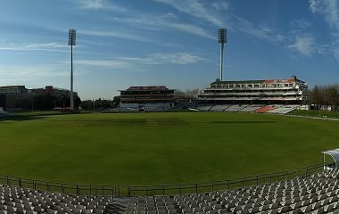 Panoramic view across the empty Newlands Cricket Ground in Cape Town.