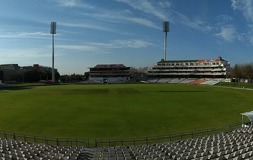 Panoramic view across the empty Newlands Cricket Ground in Cape Town.