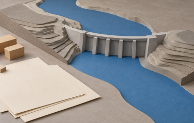 Conceptual tabletop dam model beside a blue paper river, wooden blocks and blank plan sheets.
