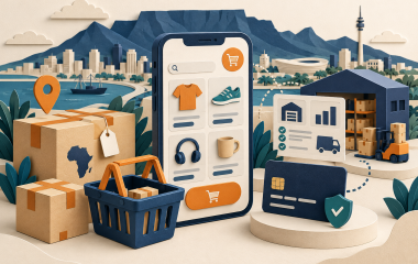 AI-generated illustration of a commerce smartphone, shopping basket, parcel and connected dashboard
