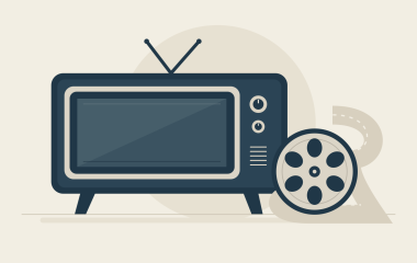 Conceptual navy and cream illustration of a television and film reel; no person or actual event is depicted.