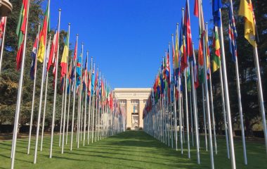 Flags outside the United Nations Office at Geneva, photographed in October 2016
