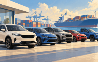 Conceptual illustration of new cars and a pickup with a cargo ship in the distance.