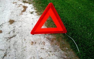 Archive photograph of a red warning triangle beside grass, taken in 2016; not the R61 crash scene.