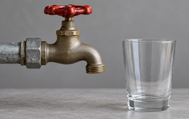 AI-generated illustration of a closed metal tap with a red valve handle beside an empty clear glass on a neutral grey surface.