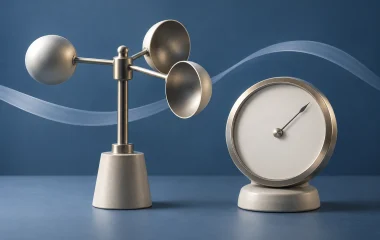 Conceptual weather-monitoring illustration with an anemometer and an unmarked barometer