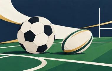 Non-documentary illustration of a football and rugby ball on an abstract playing field.