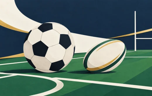 Non-documentary illustration of a football and rugby ball on an abstract playing field.