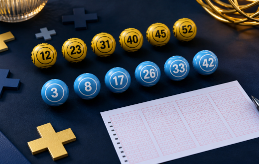 Gold lottery balls in a premium Lotto Plus editorial scene