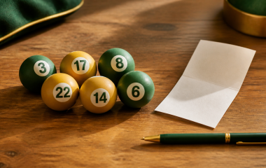 South African Lotto balls arranged on a blue studio background