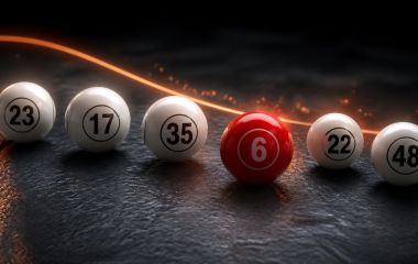 Five white lottery balls and a red PowerBall in a dramatic studio scene